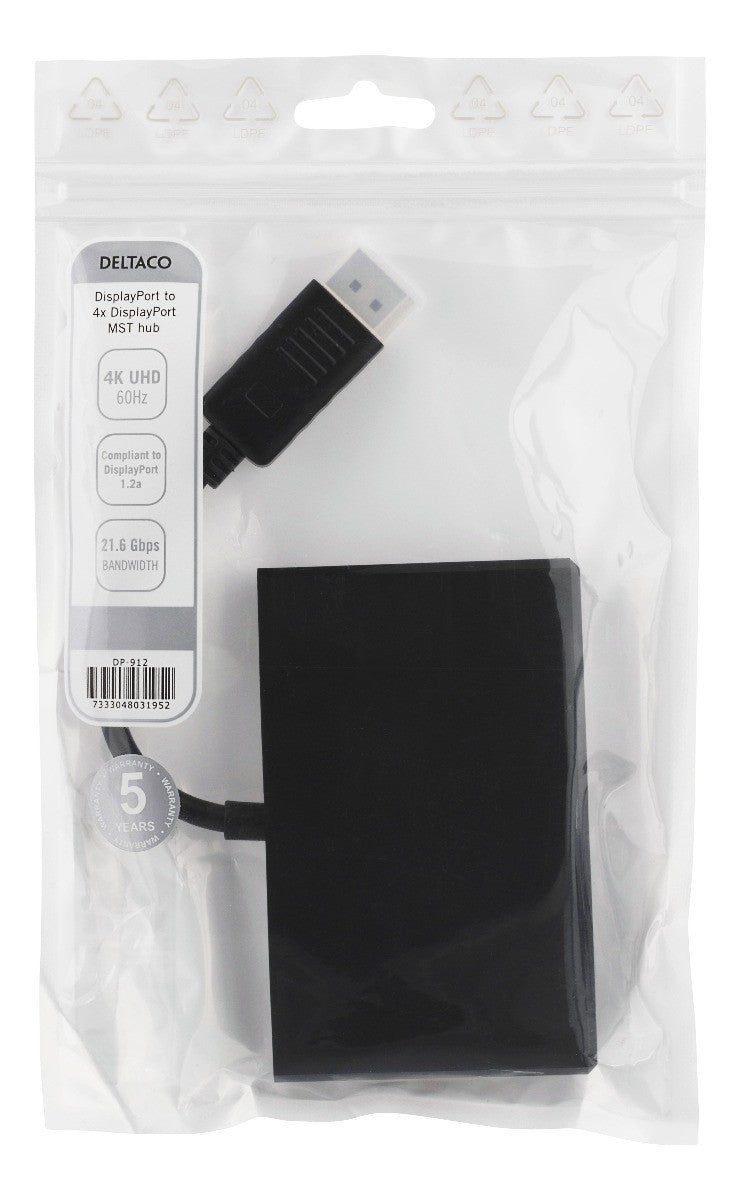 DELTACO DP-912, DisplayPort naar 4x DisplayPort MST hub, 3840x2160 in 60Hz, zwart