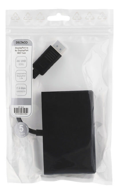 DELTACO DP-912, DisplayPort naar 4x DisplayPort MST hub, 3840x2160 in 60Hz, zwart