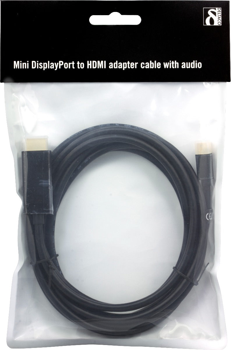DELTACO DP-HDMI204, Mini DisplayPort to HDMI cable, Full HD in 60Hz, 2m, Black