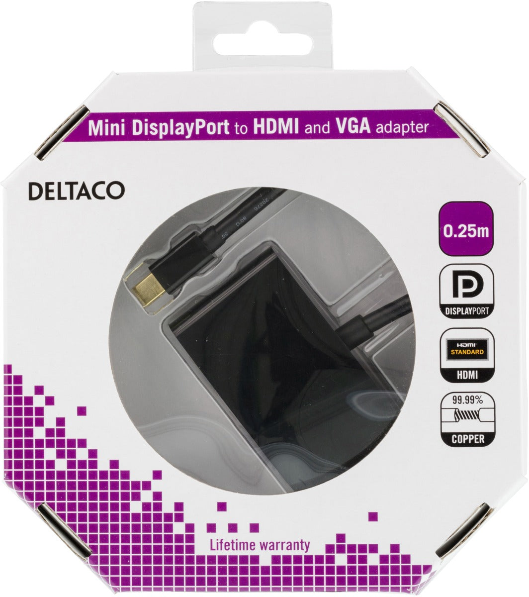 DELTACO DP-HDMIVGA-K, mini DisplayPort to HDMI and VGA adapter, 1920x1080 @ 60 Hz, Black