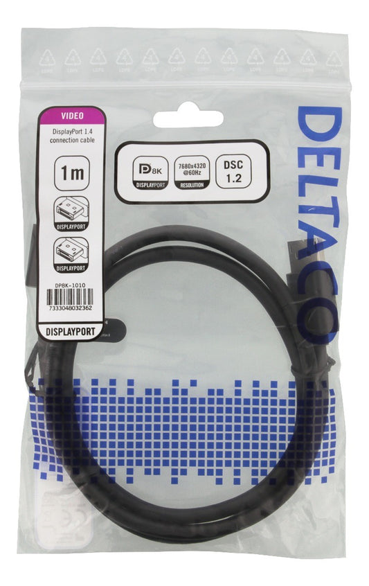 DELTACO DP8K-1010 DisplayPort kabel 8K - DP 1.4 - 1 meter