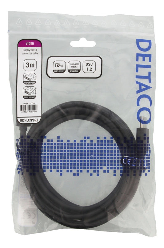 DELTACO DP8K-1030 DisplayPort kabel 8K - DP 1.4 - 3 meter
