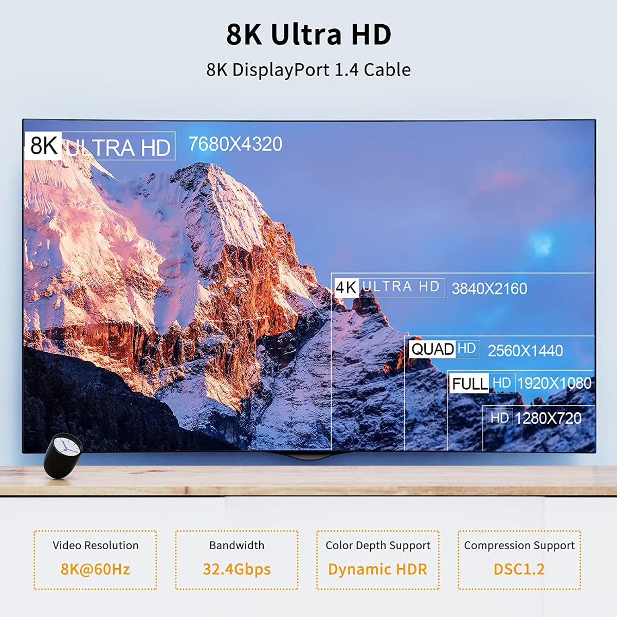 NÖRDIC DPDP-N2011 Displayport to Displayport 1.4 cable - Right angle connector - 8K60Hz - 32.4Gbps - 1m - Black