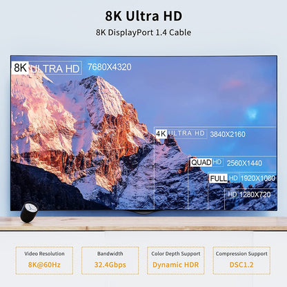 NÖRDIC DPDP-N2011 Displayport to Displayport 1.4 cable - Right angle connector - 8K60Hz - 32.4Gbps - 1m - Black