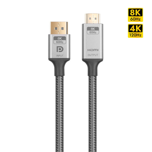 NÖRDIC DPHM-210 Displayport 1.4 naar HDMI 2.1 - 8K60Hz - 4K120/144Hz - 32.4Gbps - 1 m - Grijs