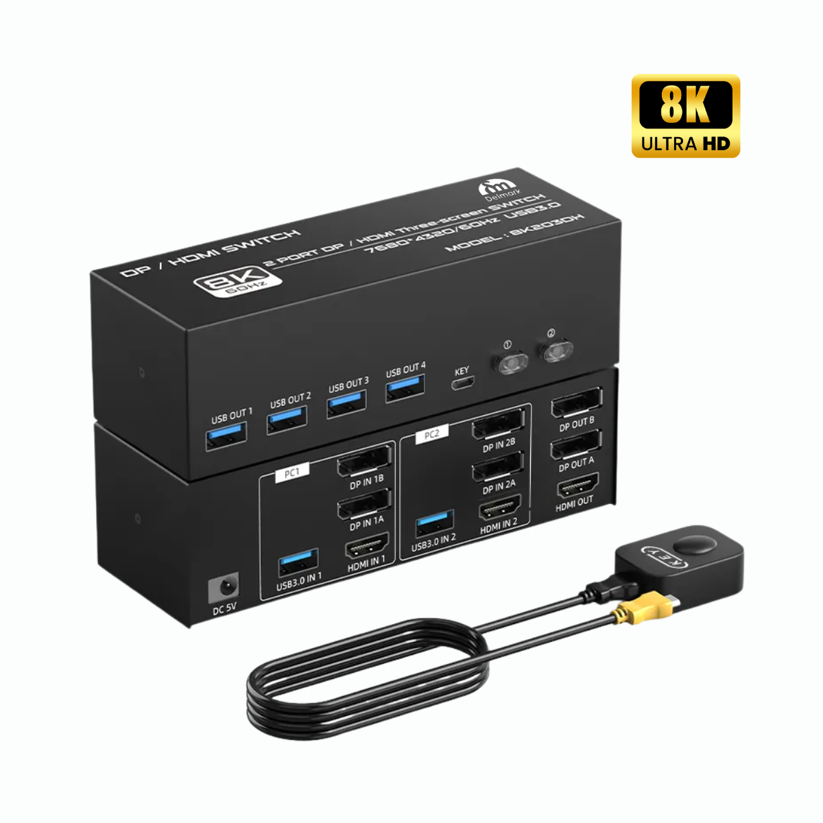 Delmark KVM Switch - DisplayPort & HDMI 2 PC's naar 3 Monitors - 8K60Hz - HDMI 2.1 / DP 1.4 - 4x USB 3.0 Poorten - Docking station - Inclusief DP, HDMI en USB kabels