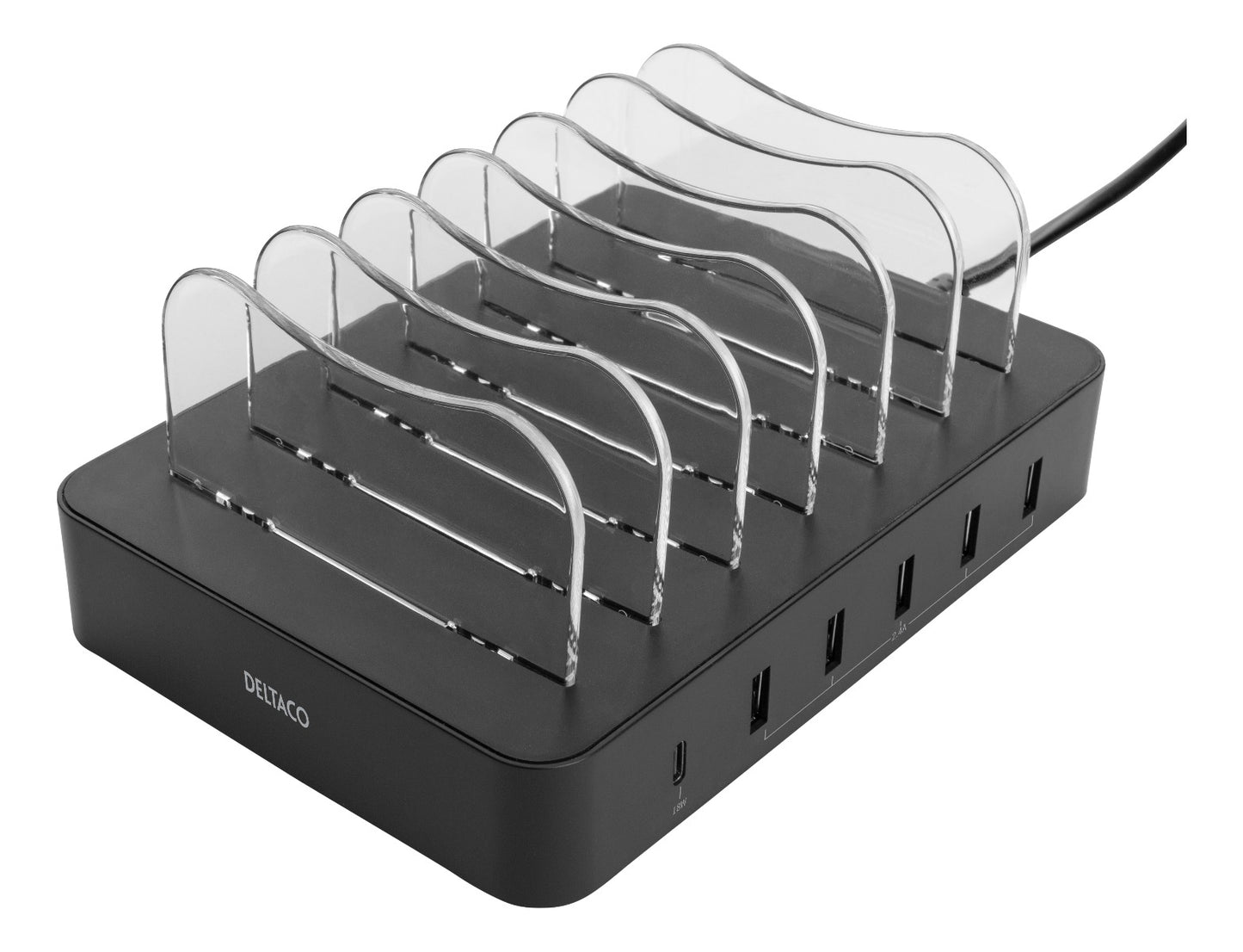 DELTACO DPS-0200 USB-oplaadstation voor 6 apparaten - 5 USB-A, 1 USB-C PD - 50W Zwart
