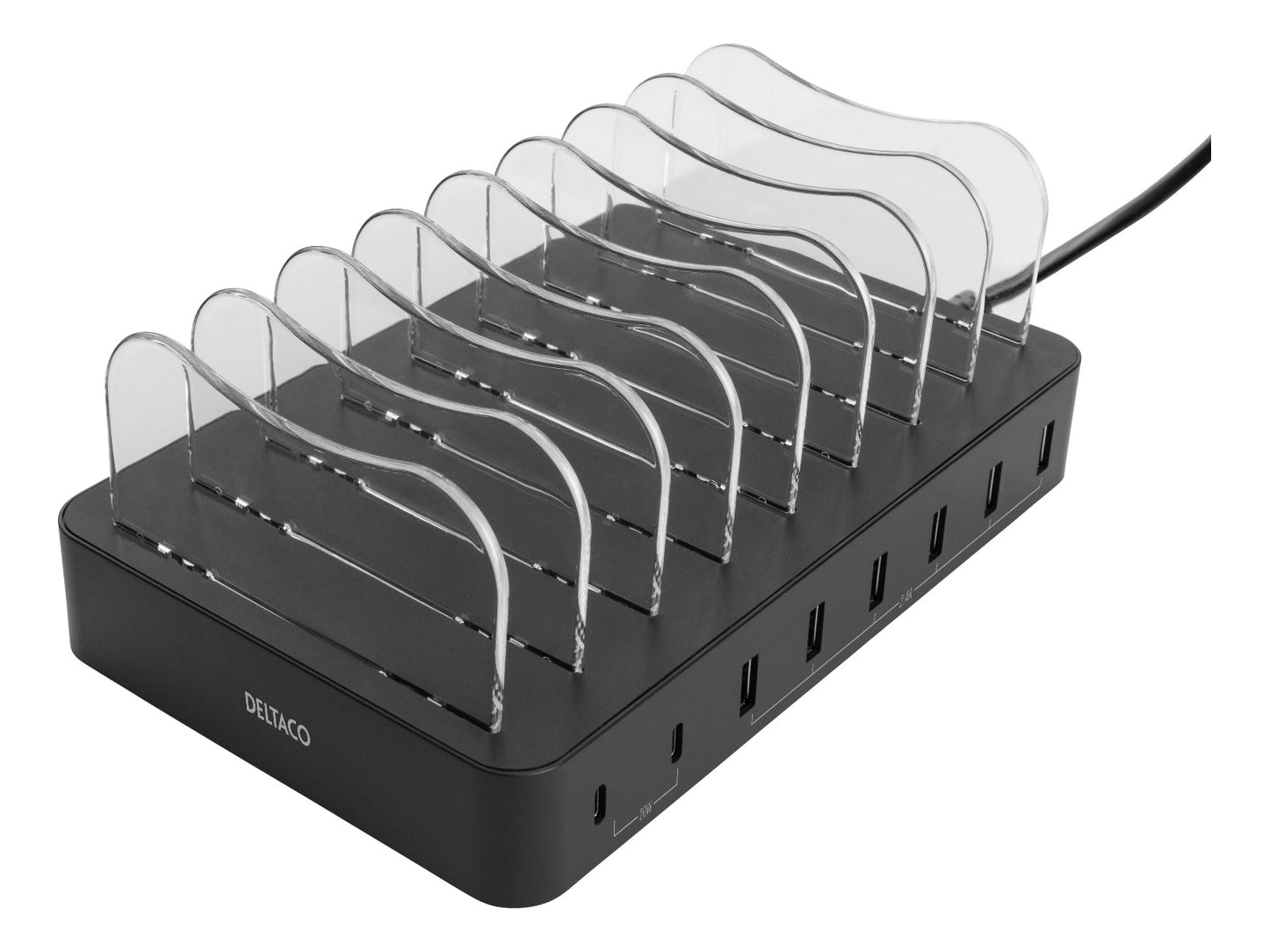DELTACO DPS-0201 USB-oplaadstation voor 8 apparaten - 6 USB-A, 2 USB-C PD - 75W - Zwart
