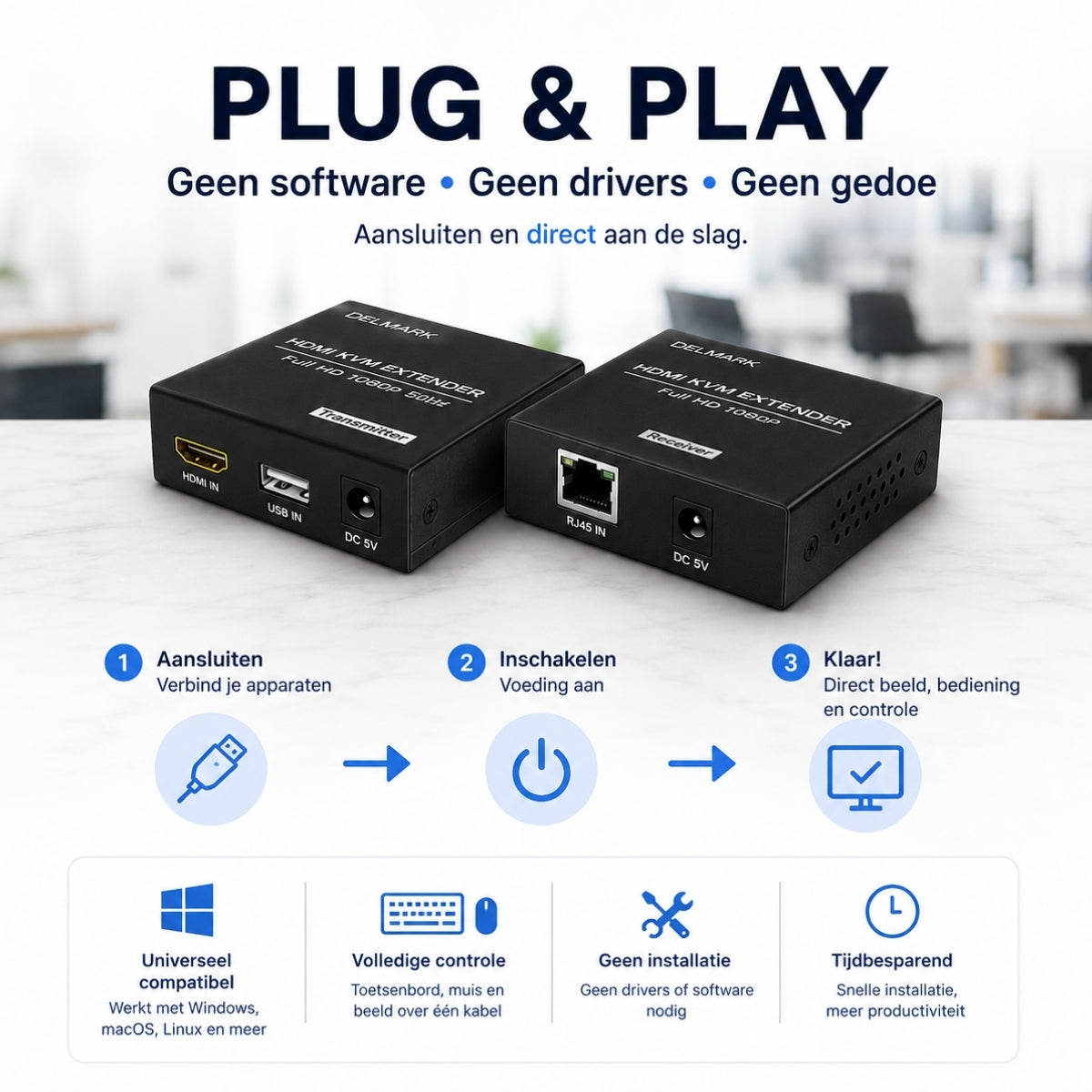 Delmark KVM Extender 50 meter - HDMI en USB over UTP Cat6 - Full HD 1080P/60Hz