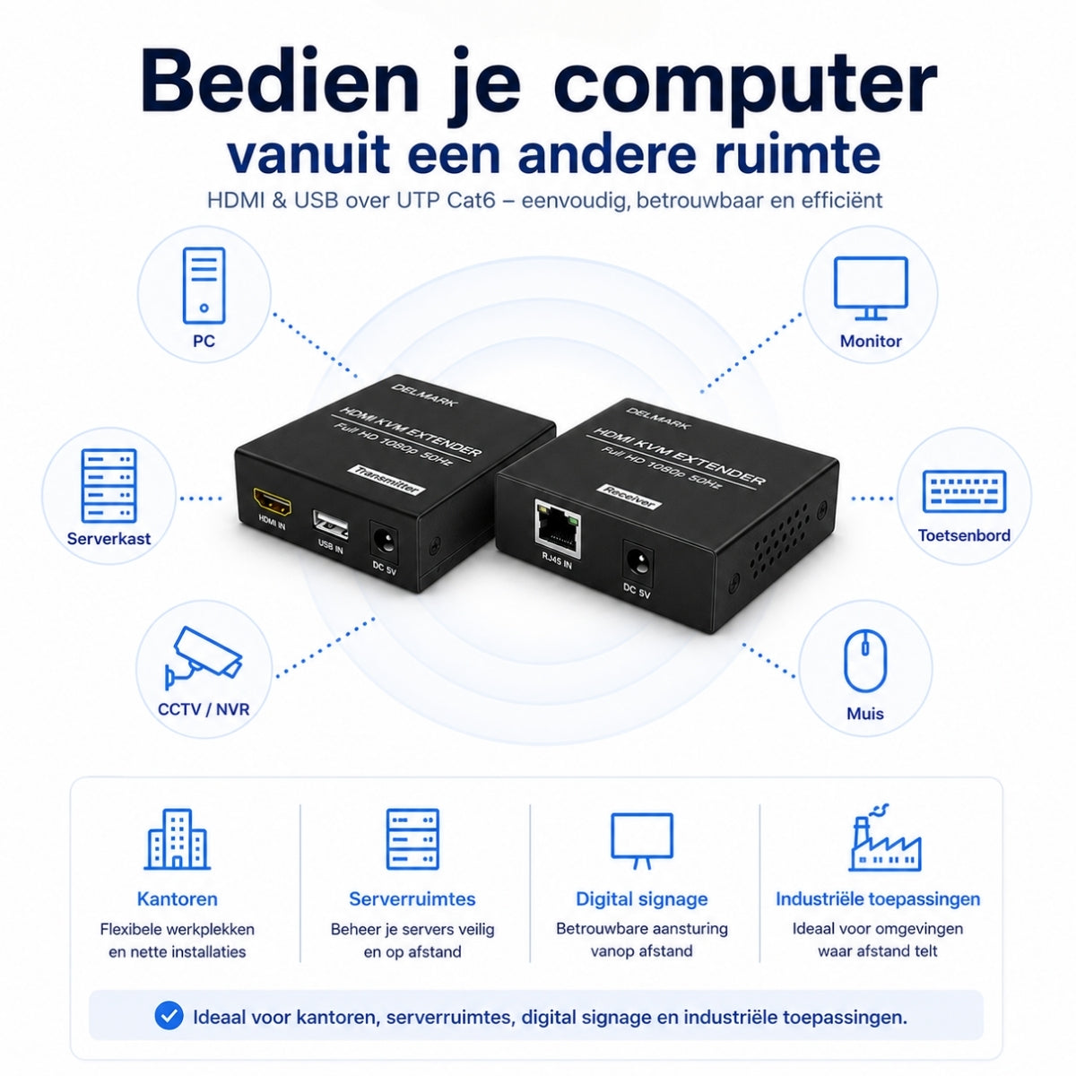 Delmark KVM Extender 50 meter - HDMI en USB over UTP Cat6 - Full HD 1080P/60Hz
