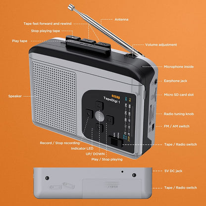 Ezcap EZCAP234 - Cassette Converter - Convert to MP3 - FM Radio - Voice Recording - SD Card Storage
