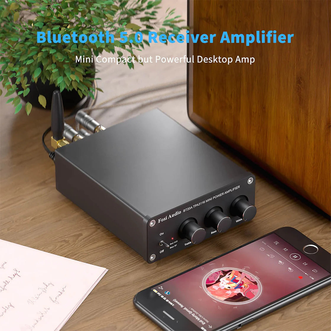 NÖRDIC Fosi Audio BT20A Audio Bluetooth 5.0 Versterker - 2x 100W - RCA - Smartphone, PC, Tablet - Hifi - Zwart