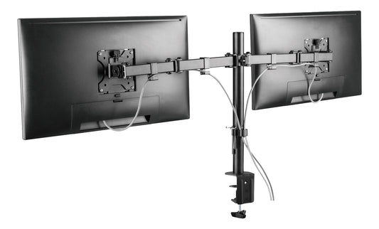 DELTACO GAM-040, Gaming Dual monitor desk mount, standaard voor montage 2 13"-32" monitoren aan een bureau of tafel, VESA 75x75, VESA 100x100, kantelbaar en zwenkbaar, zwart