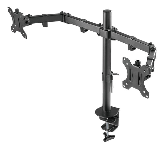 DELTACO GAM-040, Gaming Dual monitor desk mount, standaard voor montage 2 13"-32" monitoren aan een bureau of tafel, VESA 75x75, VESA 100x100, kantelbaar en zwenkbaar, zwart