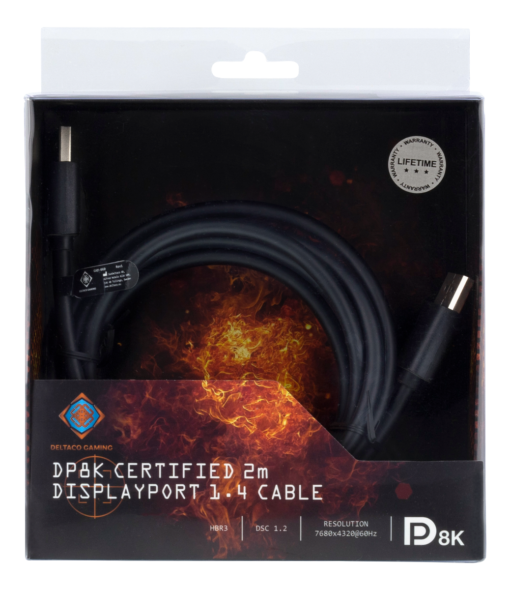 DELTACO GAMING GAM-060, DisplayPort 1.4 kabel, 7680x4320 in 60Hz, DSC 1.2, HBR3 - 2 meter
