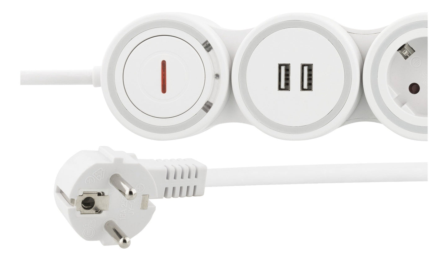 DELTACO GT-290 Flexible power strip 4-way + 2x USB A - 16A 3500W - White - 1.4 meters