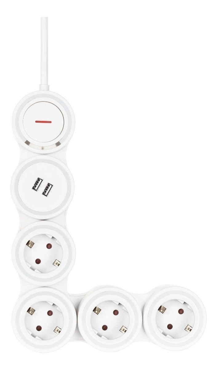 DELTACO GT-290 Flexible power strip 4-way + 2x USB A - 16A 3500W - White - 1.4 meters