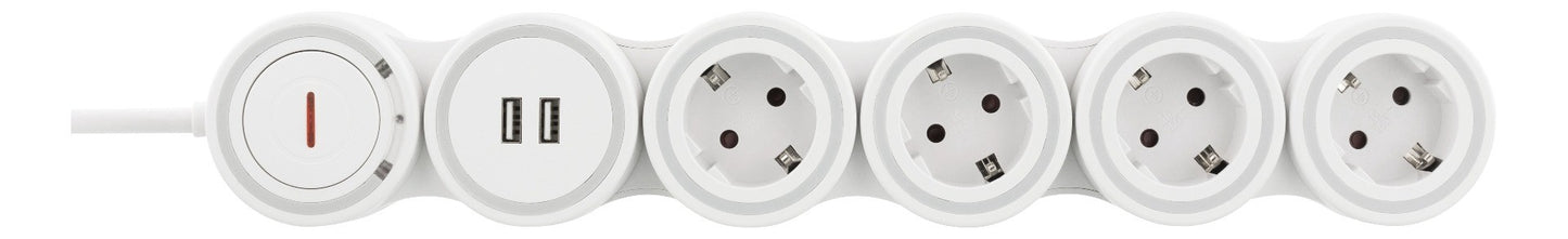 DELTACO GT-290 Flexible power strip 4-way + 2x USB A - 16A 3500W - White - 1.4 meters