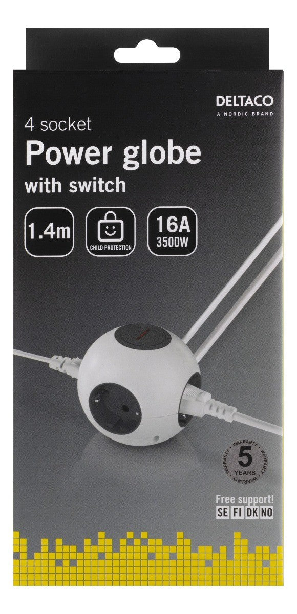 DELTACO GT-291 Power Globe Stekkerdoos met schakelaar - Geschikt voor 4 stekkers - met kinderbeveiliging - wit - 1,4 meter
