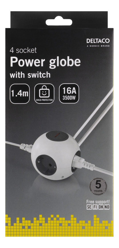 DELTACO GT-291 Power Globe Stekkerdoos met schakelaar - Geschikt voor 4 stekkers - met kinderbeveiliging - wit - 1,4 meter