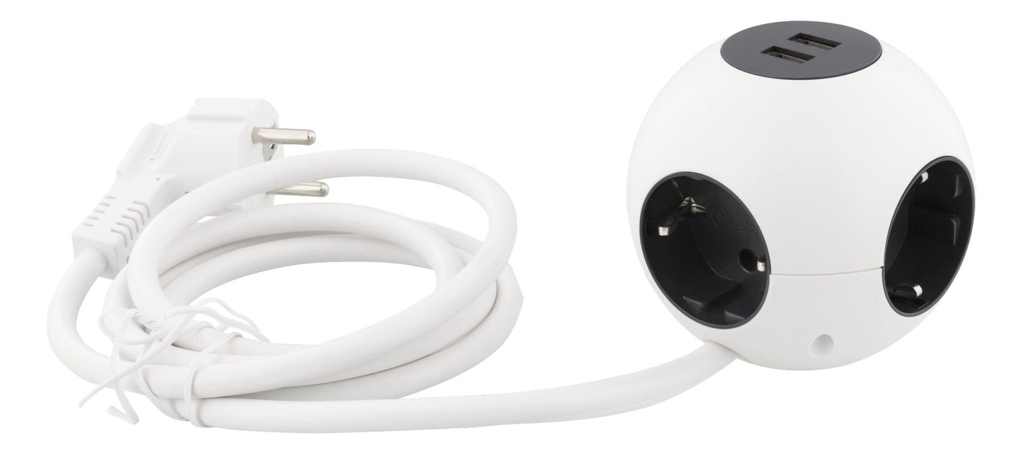 DELTACO GT-292 Power Globe Stekkerdoos met 2x USB - Geschikt voor 4 stekkers - met kinderbeveiliging - wit - 1,4 meter