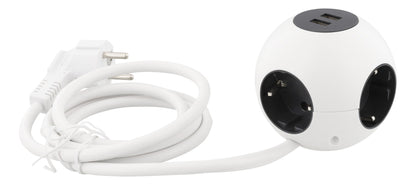 DELTACO GT-292 Power Globe Stekkerdoos met 2x USB - Geschikt voor 4 stekkers - met kinderbeveiliging - wit - 1,4 meter