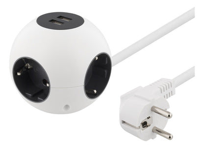 DELTACO GT-292 Power Globe Stekkerdoos met 2x USB - Geschikt voor 4 stekkers - met kinderbeveiliging - wit - 1,4 meter