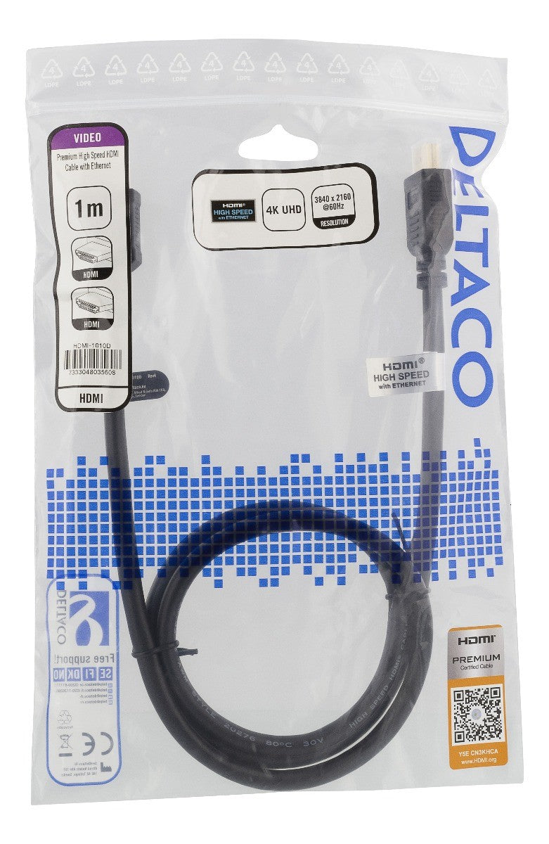DELTACO HDMI-1010D High-Speed Premium HDMI-kabel - 1 meter - Ethernet, 4K UHD - Zwart