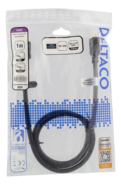 DELTACO HDMI-1010D High-Speed Premium HDMI-kabel - 1 meter - Ethernet, 4K UHD - Zwart