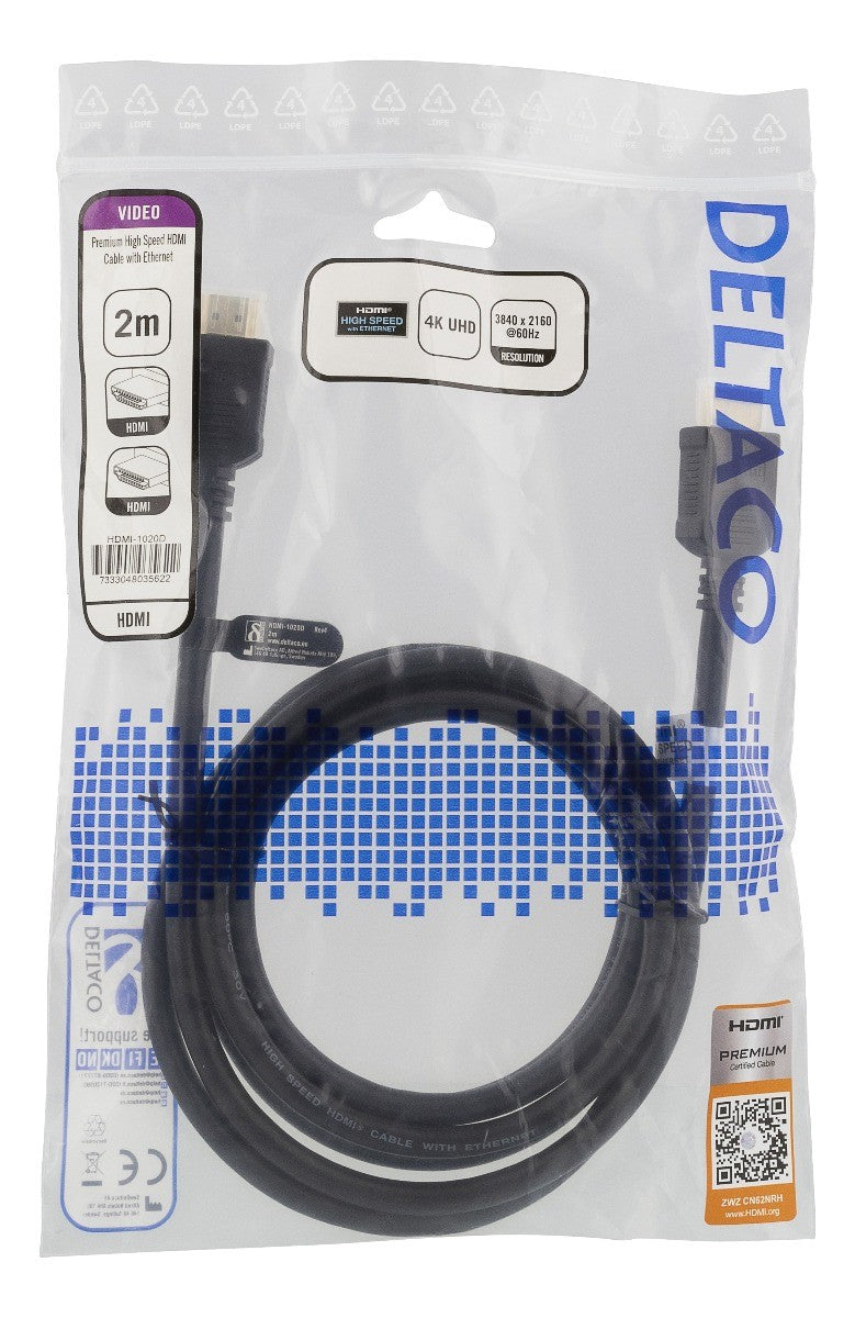 DELTACO HDMI-1020D High-Speed Premium HDMI-kabel 0 2 meter - Ethernet, 4K UHD - Zwart