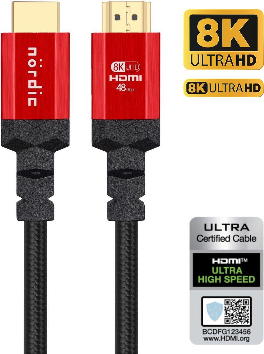NÖRDIC HDMI-N1023 HDMI Ultra High Speed kabel - Gecertificeerd - 8K 60Hz - 48Gbps - Dynamische HDR eARC ondersteuning - HDMI 2.1 - 2m - Rood/Zwart