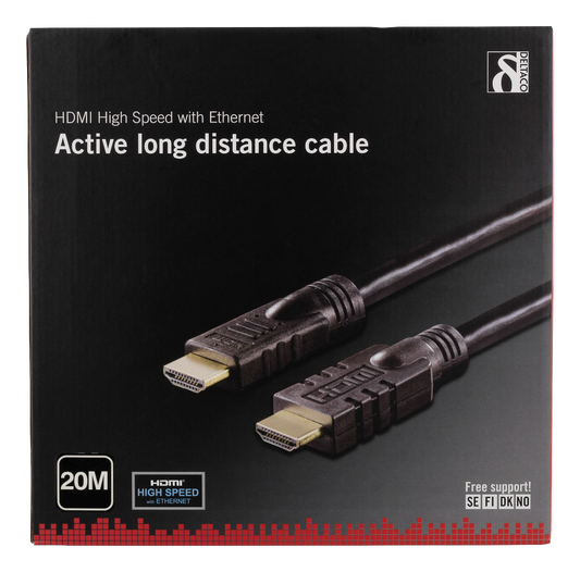 DELTACO HDMI-1200 Active HDMI High Speed ​​with Ethernet cable - Built-in amplification - 4K 30Hz - Gold-plated - 20 meters