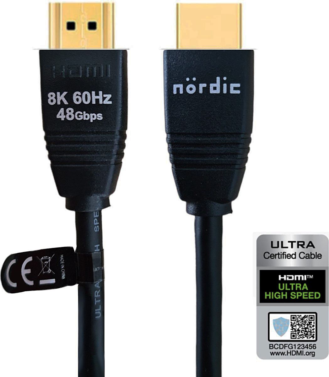 NÖRDIC HDMI-520 HDMI to HDMI cable - Certified - HDMI2.1 - 8K60Hz - 48Gbps - Gold-plated connectors - 2m - Black