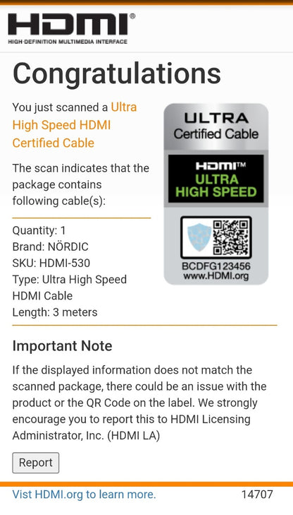NÖRDIC HDMI-530 HDMI to HDMI cable - Certified - HDMI2.1 - 8K60Hz - 48Gbps - Gold-plated connectors - 3m - Black