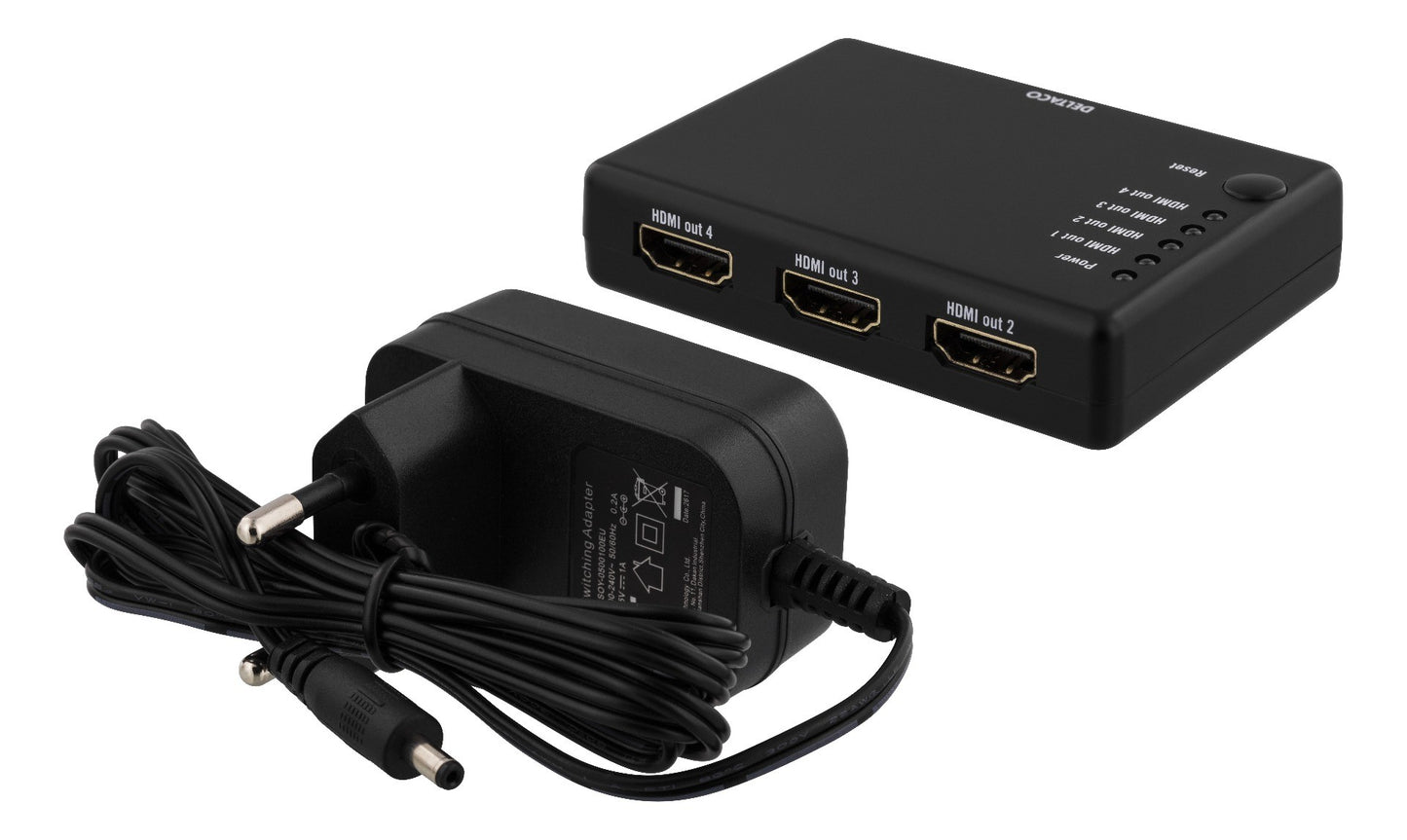 Deltaco HDMI-7051 HDMI Splitter 1 input naar 4 output FullHD 1080p max. 15 meter HDCP 3D incl. voeding zwart