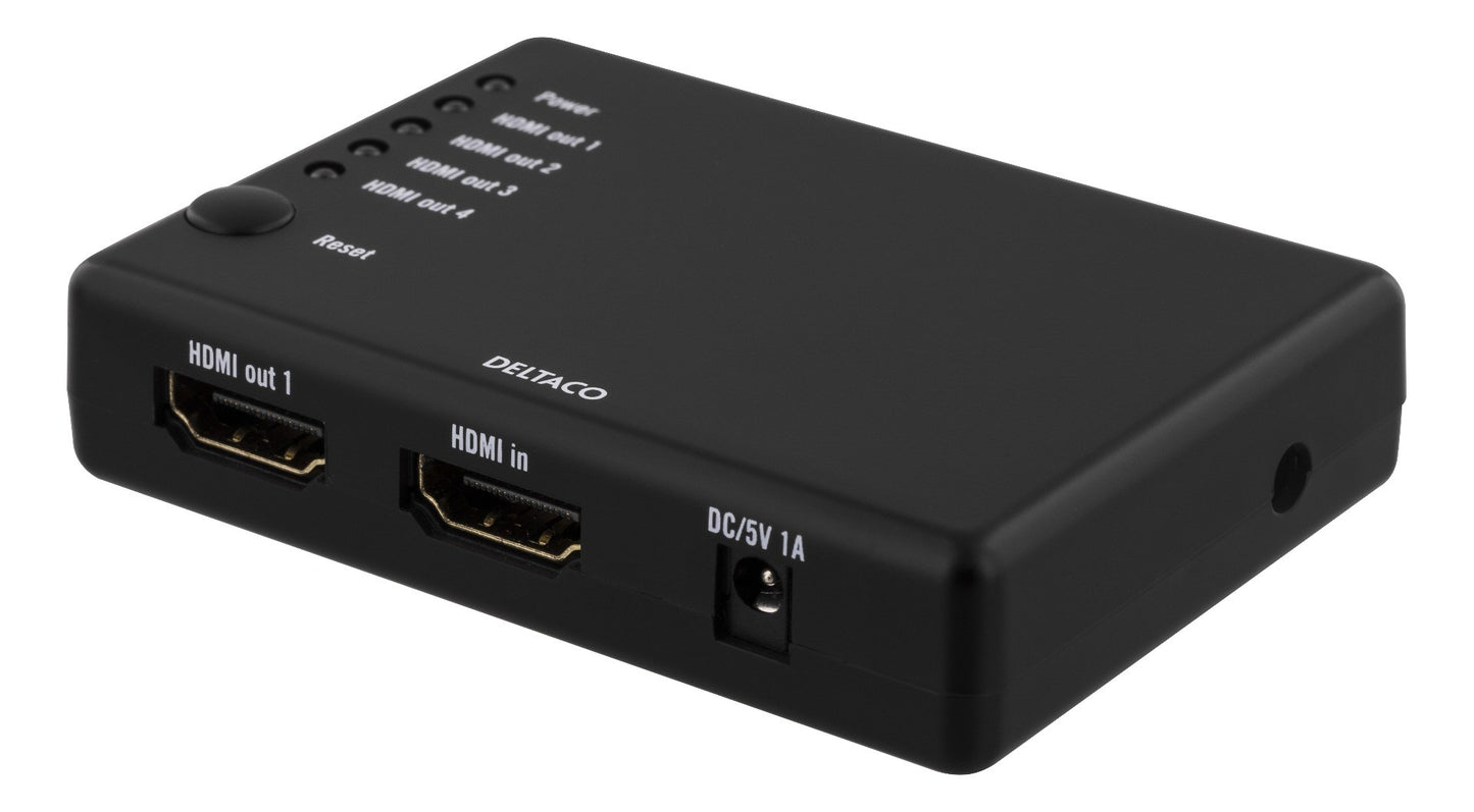Deltaco HDMI-7051 HDMI Splitter 1 input naar 4 output FullHD 1080p max. 15 meter HDCP 3D incl. voeding zwart