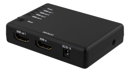 Deltaco HDMI-7051 HDMI Splitter 1 input naar 4 output FullHD 1080p max. 15 meter HDCP 3D incl. voeding zwart