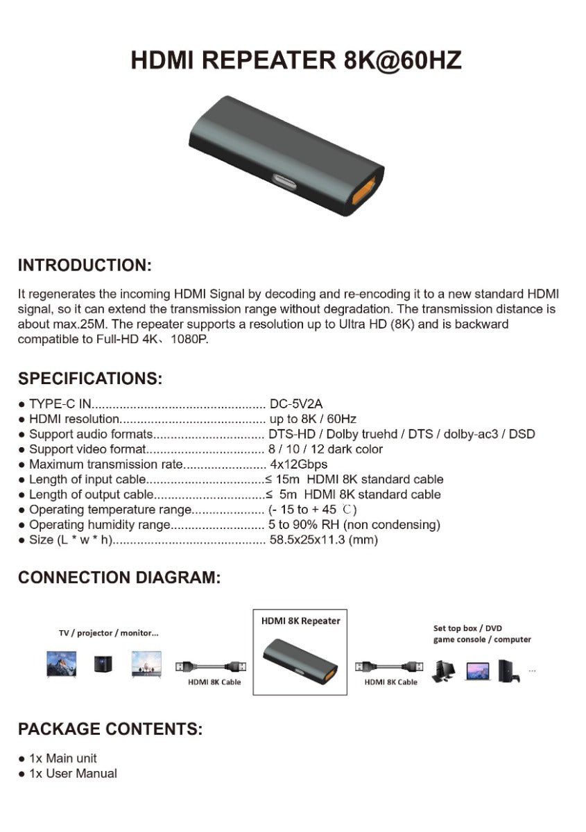 NÖRDIC HDMI-REP8K1 HDMI Repeater - Signaalversterker - HDMI 2.1 - 8K60Hz - 4K120Hz