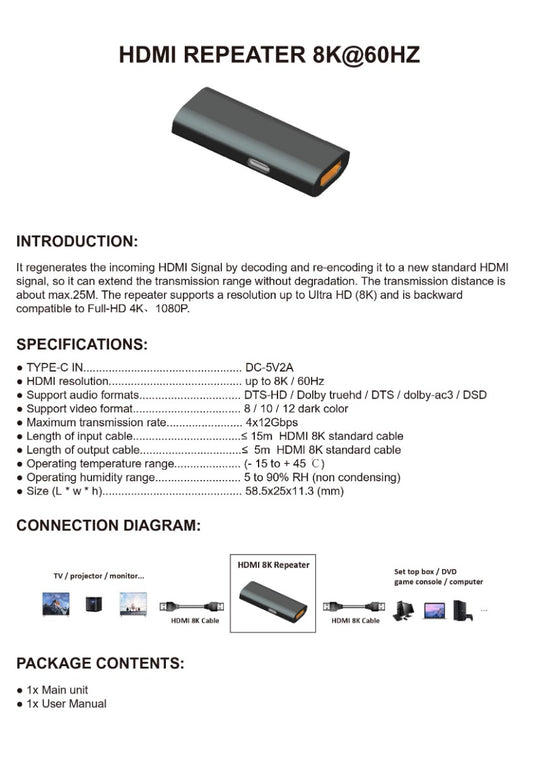 NÖRDIC HDMI-REP8K1 HDMI Repeater - Signaalversterker - HDMI 2.1 - 8K60Hz - 4K120Hz