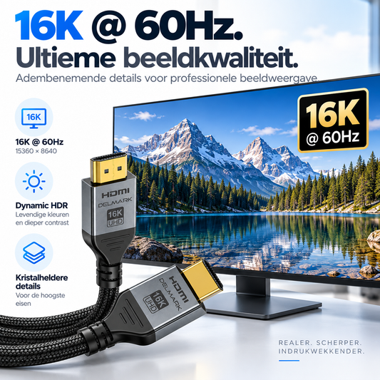 Delmark HDMI 2.2 Kabel - 16K @ 60Hz - 96 Gbps Ultra High Speed - 4K @ 480Hz VRR - Dolby Atmos & eARC - Gevlochten Nylon & Vergulde Connectoren