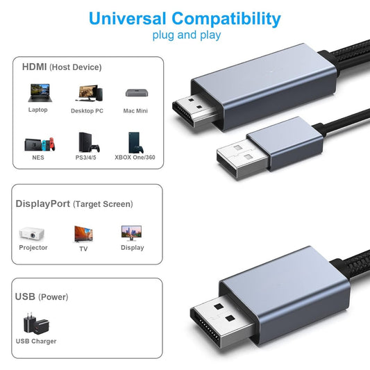 NÖRDIC HMDP-105 HDMI to Displayport Cable - USB-A - 4K60Hz - 18Gbps - 50cm - Gray