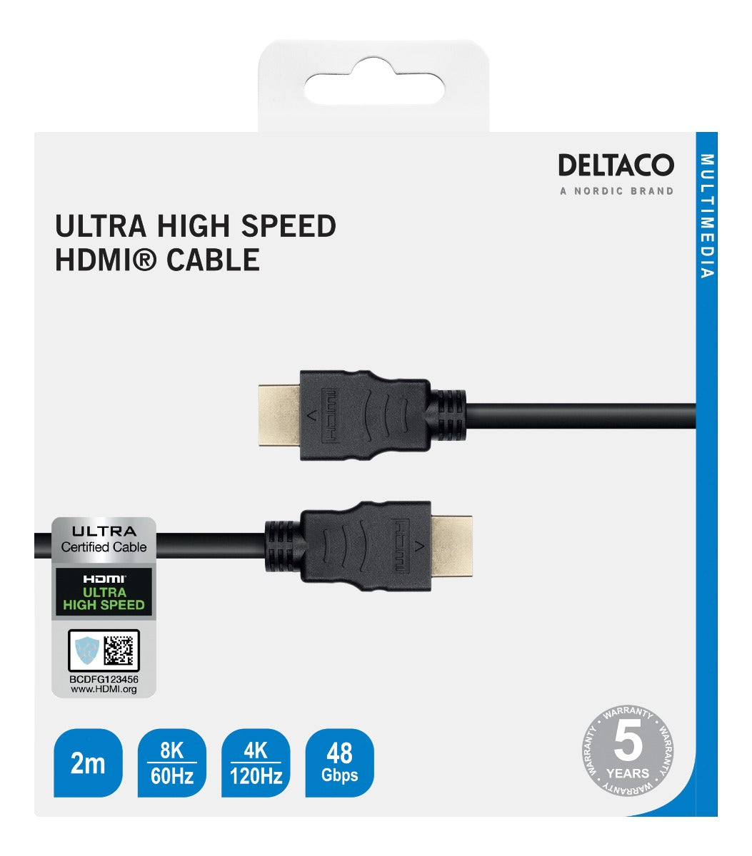 DELTACO HU-20 Ultra High Speed ​​HDMI Cable - 8K 60Hz - 2 meters - Black