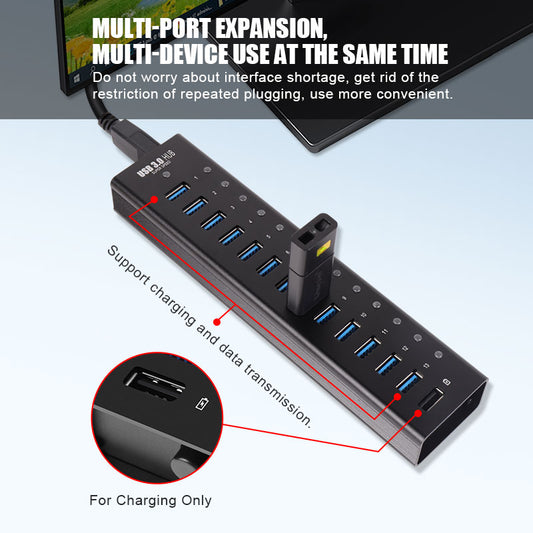 NÖRDIC USB-HUB413 USB Hub - 14 Ports - USB 3.0 - 5Gbps - With switch - Black