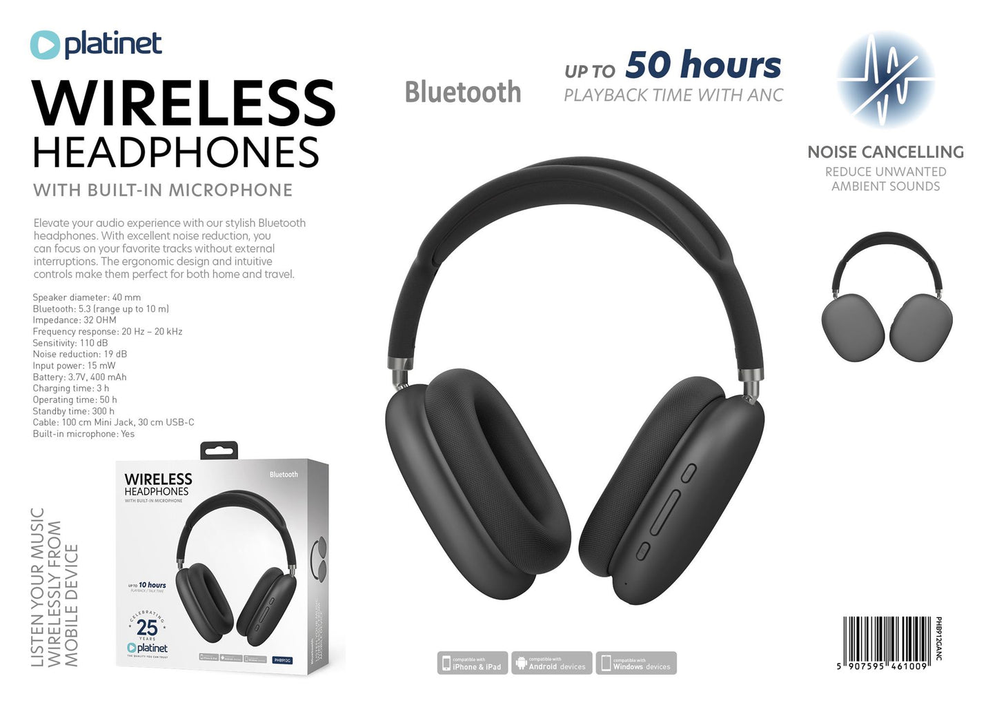 Platinet Bluetooth Hoofdtelefoon met ANC + ENC - Draadloos - 50 Uur Batterij - Ruisonderdrukking - Microfoon - Grijs