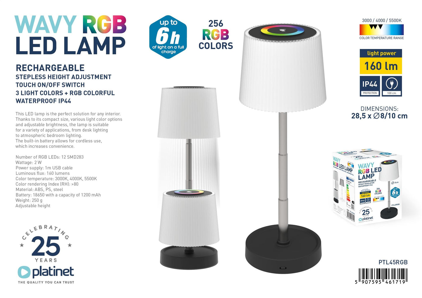 Platinet LED Tafellamp - Tafellamp Oplaadbaar - Hoogte Verstelbaar - Tafellamp slaapkamer - Wit