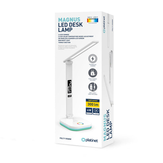 Platinet Bureaulamp LED - Draadloze oplader 5W - Wekker & Thermometer - Geschikt voor Smartphones - Wit
