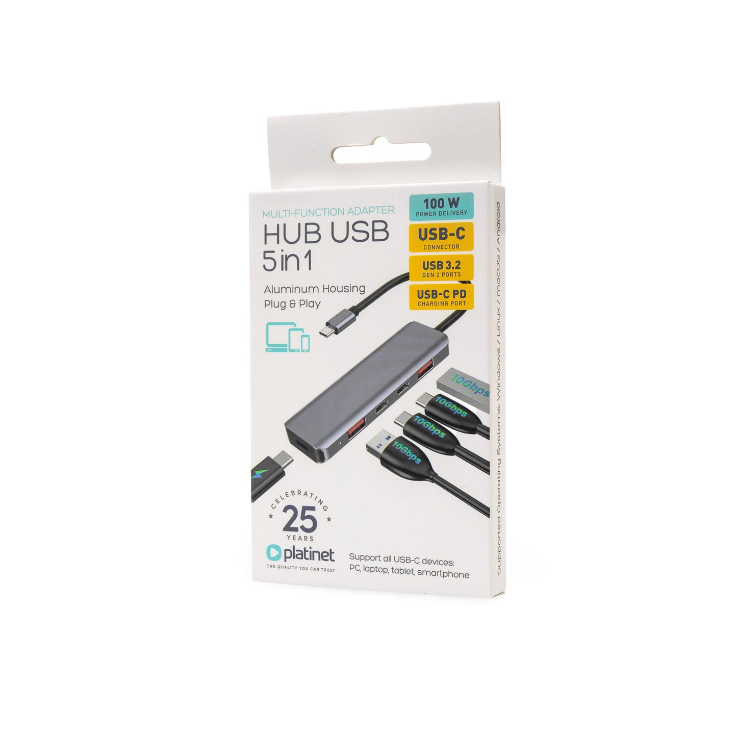 Platinet USB-C Hub - USB-C naar USB-A - 2x USB-C, 2x USB-A - 10GBS - Geschikt voor Laptop, PC en Tablet - Grijs