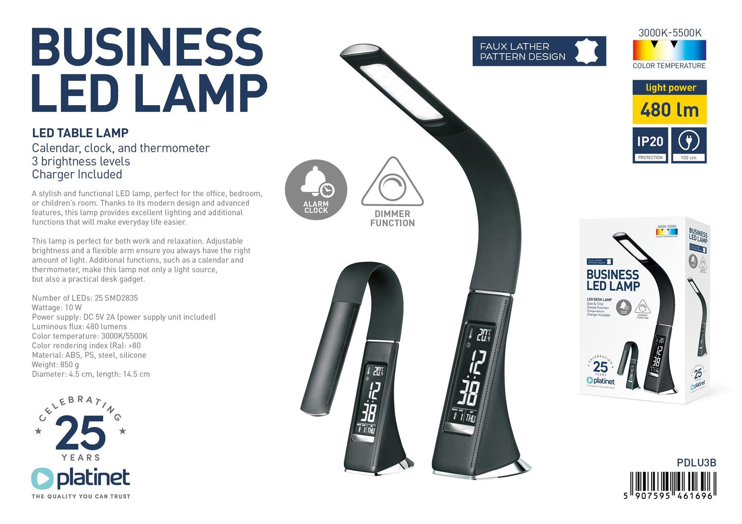 Platinet bureaulamp LED - Kalender, Klok & Thermometer - Bureaulamp dimbaar - Warm en Wit licht - Zwart