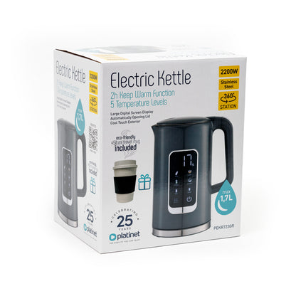 Platinet PEKR723GR Waterkoker - Met Display - Warmhoud functie met Geheugen - 1.7L - Grijs - Gratis 450ml koffiebeker