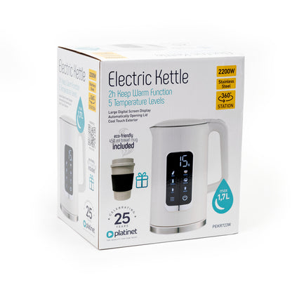 Platinet PEKR723W Waterkoker - Met Display - Warmhoud functie met Geheugen - 1.7L - Wit - Gratis 450ml koffiebeker